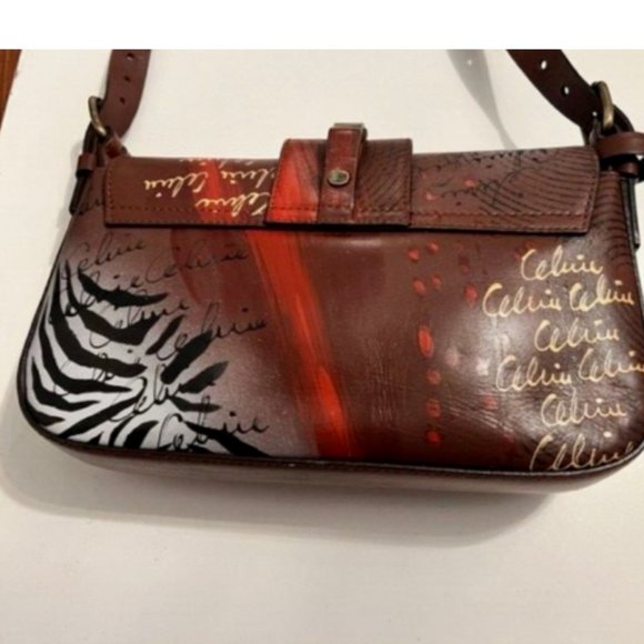 AUTHENTIC CELINE Hand Painted Shoulder Crossbody Bag RARE Animal Print deep red - Picture 7 of 16